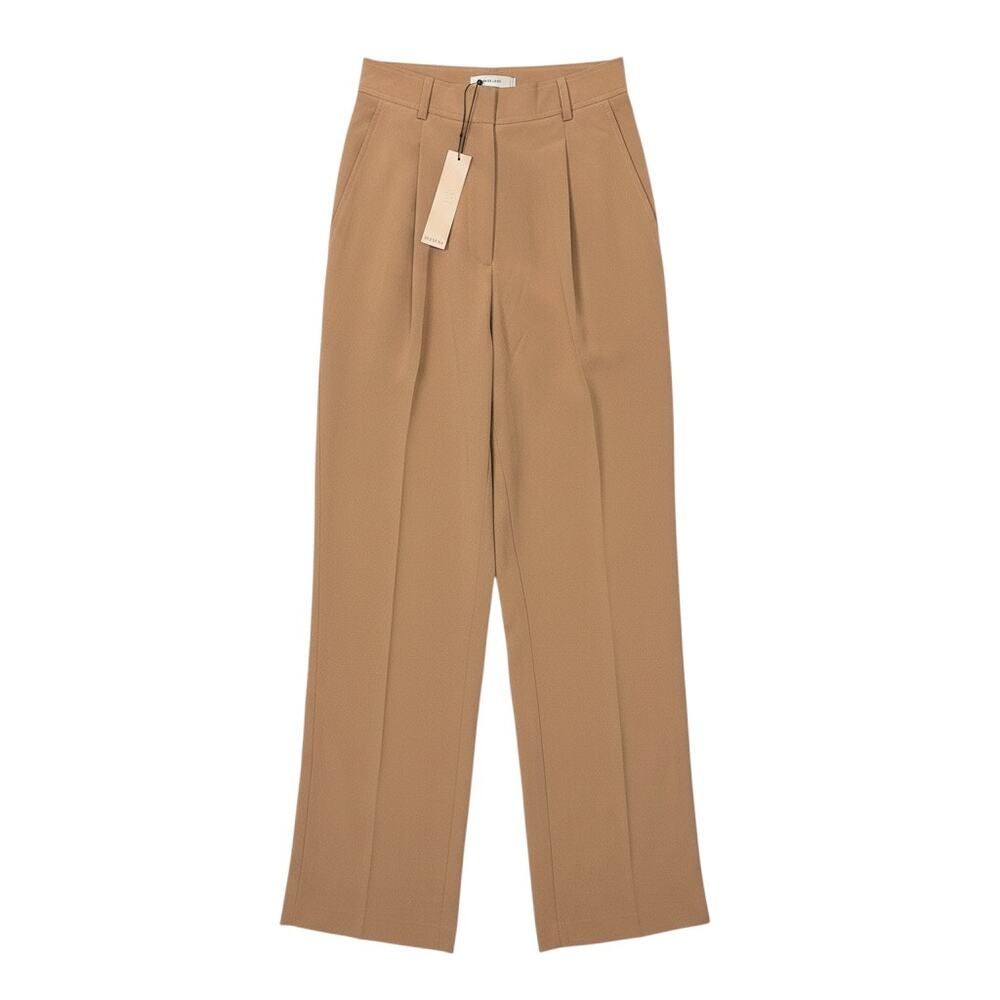 Dusan 100% Silk Flowy Pleated Tan Cuffed Women's L EU 42 Slacks Pants Career NWT